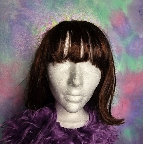 Dark Brown Bob Synthetic Wig w/ Caramel Bronze Highlights & Bangs - Picture 2 of 8